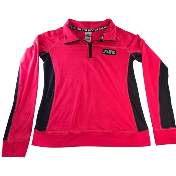 Victorias Secret PINK Ultimate Quarter Zip Pullover Neon Pink Black Medium - Picture 2 of 4